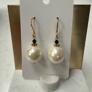 Big white Pearl Drop Earrings with Black Accent